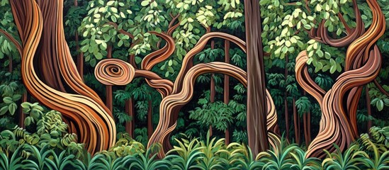 Whimsical Forest Scene with Twisted, Striped Tree Trunks and Lush Green Foliage