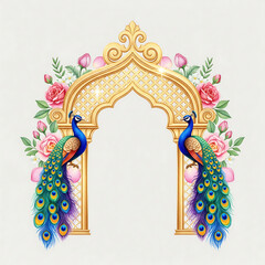 Golden Archway with Peacocks and Pink Roses Floral Decoration graphic design isolated on a transparent background