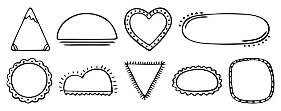 Black line frames hand drawn vector doodle set. Monochrome outline and dotted empty shapes, place holder, text box, sale form. Triangle, sun, heart, oval, circle, clouds, square - Powered by Adobe