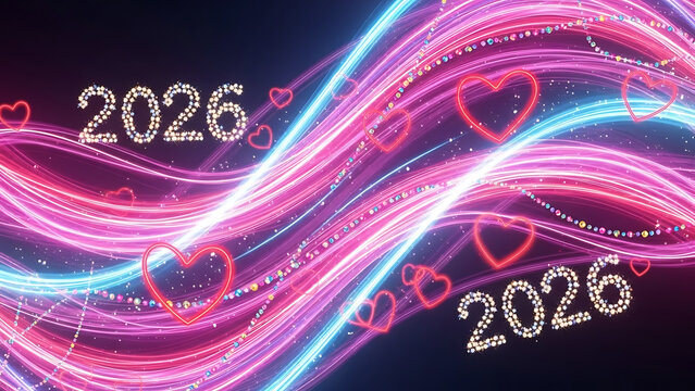 Futuristic neon heart streamers with the year 2026