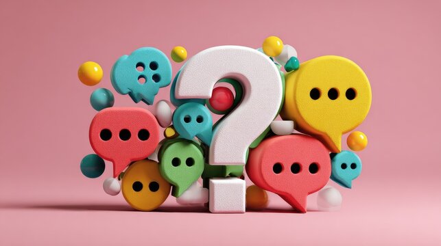 Colorful question mark surrounded by chat bubbles on a pink background