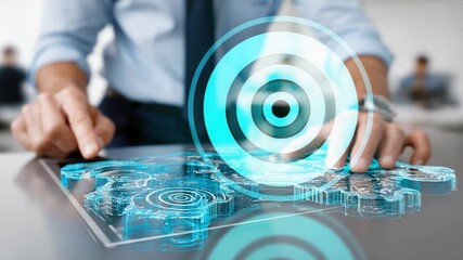 Data and Precision: A sharp professional, absorbed in their work, interacts with a virtual holographic display, an emblem of innovative data visualization and cutting-edge digital technology - Powered by Adobe