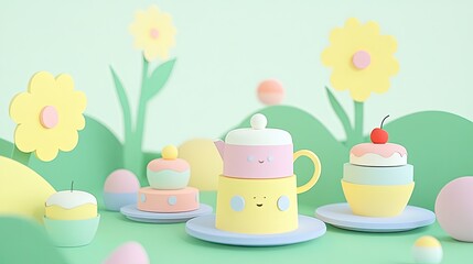 Whimsical Pastel 3D Tea Party: Smiling Teapot, Layered Cakes, and Floral Backdrop