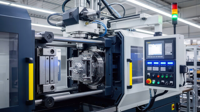 A detailed view of a high-precision injection molding machine in an industrial setting, showcasing intricate mold tooling and advanced control systems.