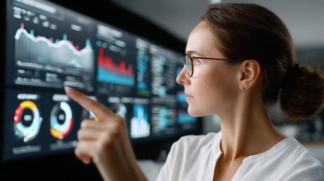 Strategic Analysis: A focused analyst meticulously studies complex data visualizations, delving into market trends and patterns to inform critical business decisions.