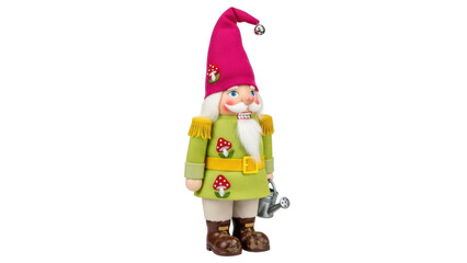 Isolated gnome nutcracker figure in green tunic, pink hat, holding watering can, toy soldier art