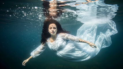 Ethereal underwater portrait of a mysterious woman in a flowing white dress, resembling a graceful mermaid in deep blue waters.