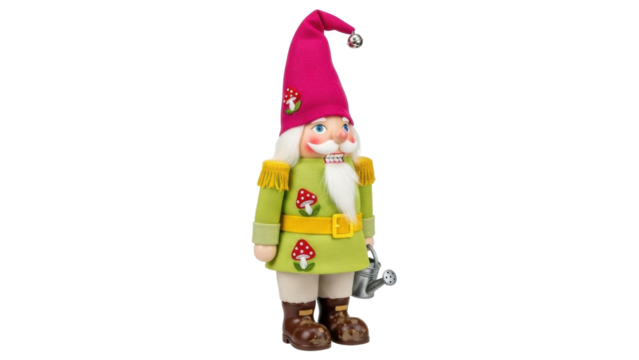 Isolated gnome nutcracker figure in green tunic, pink hat, holding watering can, toy soldier art