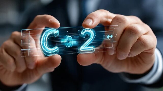 Digital Technology and CO2: A close-up shot of a pair of hands gently cradling a transparent display with the text C+O2, emphasizing the theme of modern technology and environmental consciousness. 