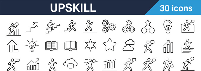 Upskill icon set showing career growth, skill improvement, productivity, learning progress, motivation, professional development, performance increase, success achievement, outline business symbols