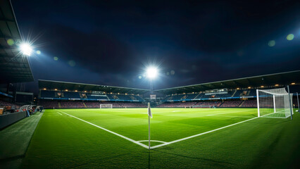 A brightly lit nighttime soccer stadium field, showcasing the vibrant green pitch, white lines, and goal under powerful floodlights, ready for an intense match.