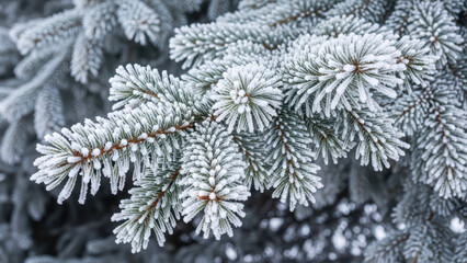 Detailed Close-Up of Frosted Evergreen Needles and Pine Branches Covered in Snow and Sparkling Ice Crystals, a Winter Holiday Scene.