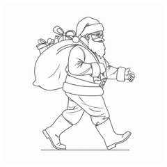 A delightful black and white outline drawing illustrates Santa Claus walking with a large sack of Christmas presents, perfect for festive holiday designs.
