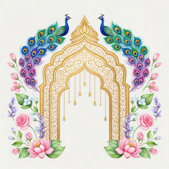 Golden Archway with Peacocks, Lotuses, Roses, and Hanging Ornaments lavender isolated on a transparent background