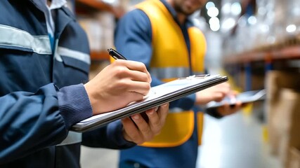 Shipping manifest document, clipboard holding hands, warehouse paperwork process, logistics documentation required, distribution tracking system, professional workflow management,