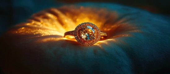 Brilliant Diamond Ring with Golden Halo Glow on Dark Teal Fabric