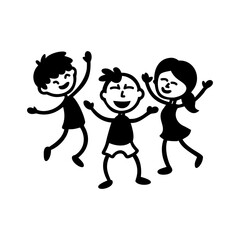 Three happy stick figure children jumping and celebrating with arms raised in joy
