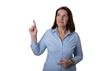 Mature woman having idea pointing up on transparent background