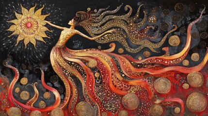 Celestial Dancer Reaching for Golden Sun, Abstract Art, Cosmic Beauty.