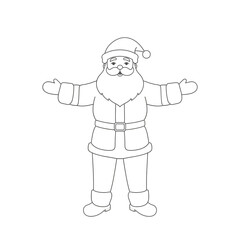 Fototapeta premium A cheerful full-body Santa Claus outline illustration, featuring welcoming outstretched arms in a clean black and white vector style, ideal for holiday crafts.
