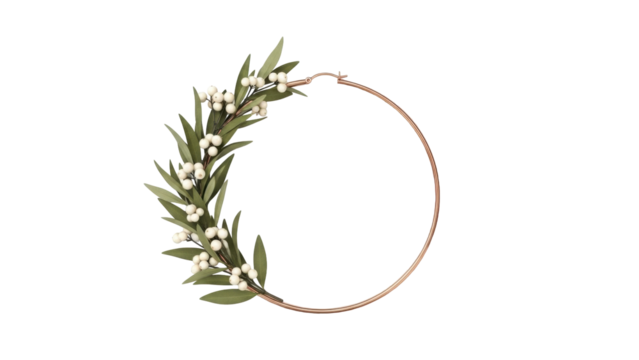 Isolated gold hoop earrings with foliage and white berries for weddings and other events