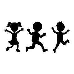 Silhouette of three happy children running and playing together, , representing childhood joy, movement, and group activity in a simple graphic style