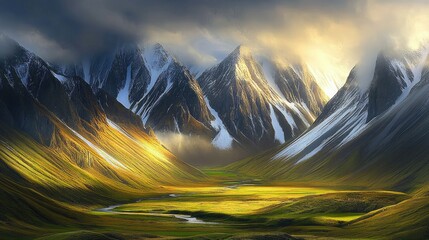 Dramatic Golden Light Bathes Snow-Capped Peaks and Verdant Valley Under Moody Skies