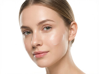 Close-up portrait of a young woman with glowing natural skin and a touch of skincare cream on her cheek. Minimalist beauty concept on a clean white background
