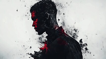 Dramatic Silhouette Portrait with Red Accents, Abstract Splatter, and Intense Mood.