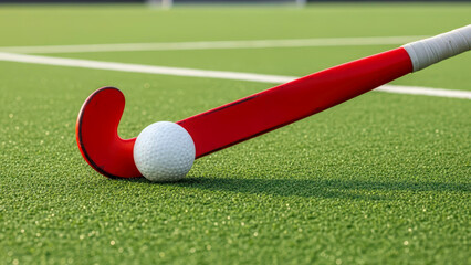 A close-up of a red field hockey stick and white ball resting on a vibrant green artificial turf field, ready for a game or practice session.