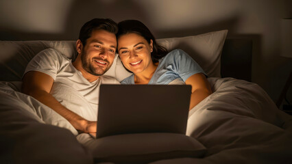 A happy couple relaxing in bed at night, warmly illuminated by the soft glow of a laptop screen while watching a movie together.