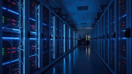 A long shot of a modern data center with glowing blue server racks and vibrant LED indicators, showcasing digital information infrastructure.