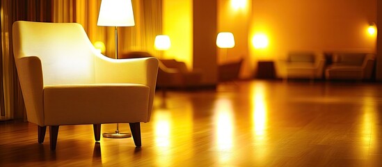 Elegant Armchair Bathed in Warm Golden Light, Reflecting on Polished Wooden Floor in a Luxurious Lounge