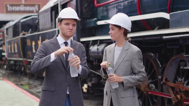 Businesspeople drinking water after finish work or project on on a railway construction site
