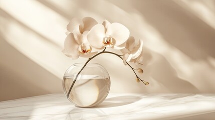 Elegant Cream Orchids in a Clear Glass Vase with Soft Sunlight and Shadow Play