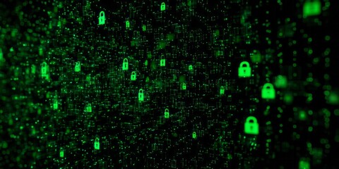 Numerous glowing green digital padlocks illustrate a concept of data protection across a dark matrix