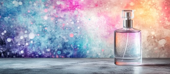 Elegant Fragrance Bottle with Rainbow Hues Against Shimmering Abstract Bokeh Background