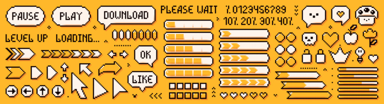 Pixel yellow set of loading bars and game elements. Arrows, speech bubbles, percentages, heart.