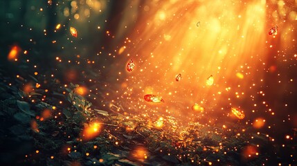 Enchanted Forest Floor Aglow with Magical Fireflies and Luminescent Butterflies