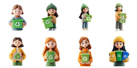 Animation girl hold recycle bin png collection in 3d transparent for environment campaign presentation.