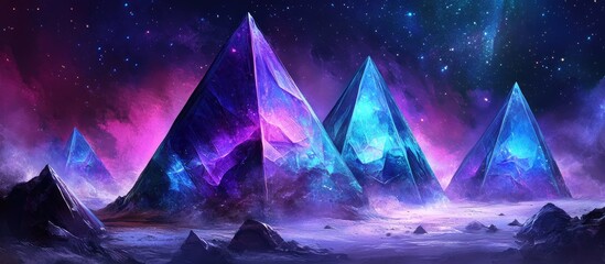 Ethereal Crystal Pyramids Emerge from Cosmic Nebula Under Starry Sky