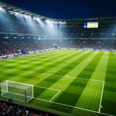 Fototapeta premium A vibrant, lit nighttime soccer stadium showcasing the perfectly manicured field and a prominent goal, with a packed crowd creating an electrifying atmosphere for a professional ma