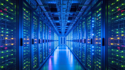 A futuristic data center hall showcasing long rows of server racks with glowing colorful LED indicator lights, reflecting modern digital infrastructure.