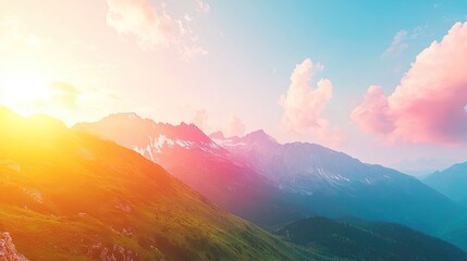 Ethereal Mountain Panorama: Golden Sun Flare, Pink Clouds, and Gradient Alpine Peaks