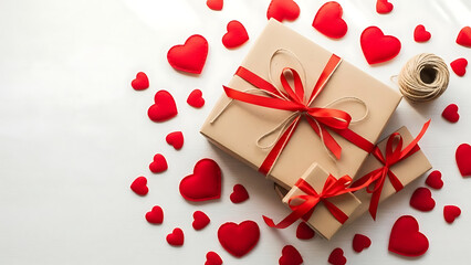 A festive arrangement of brown kraft paper gift boxes tied with vibrant red ribbons, surrounded by a scattering of small red hearts