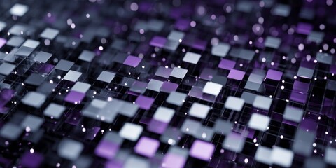 Three dimensional array of glowing purple and gray squares creates a modern digital background