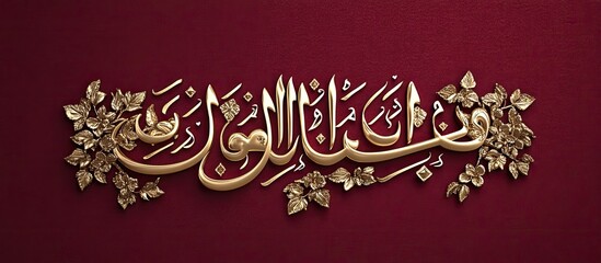 Exquisite Golden Arabic Calligraphy Adorned with Ornate Floral Embellishments on Deep Red Textured Background