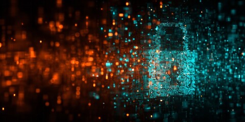 Digital padlock symbol illuminates amidst a dark background of flowing abstract particles in contrasting warm and cool tones.
