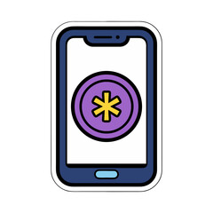 Smartphone Displaying a Purple Circle with a Yellow Asterisk Symbol Over a White Screen Background with a Dark Blue Phone Body and a Light Blue Home Button