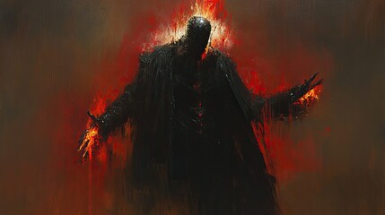 Fiery Figure: Abstract Painting of a Burning, Reaching Silhouette.